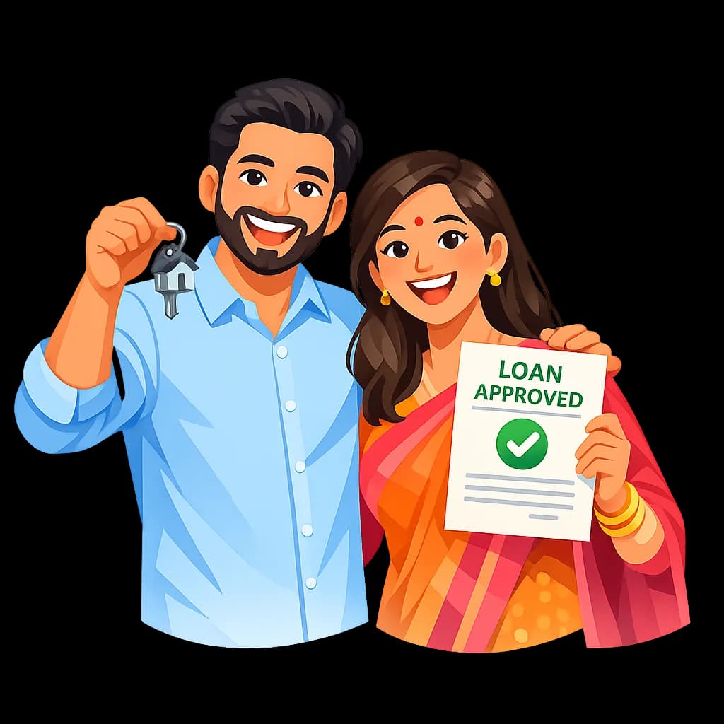 Happy couple celebrating loan approval with house keys and documents